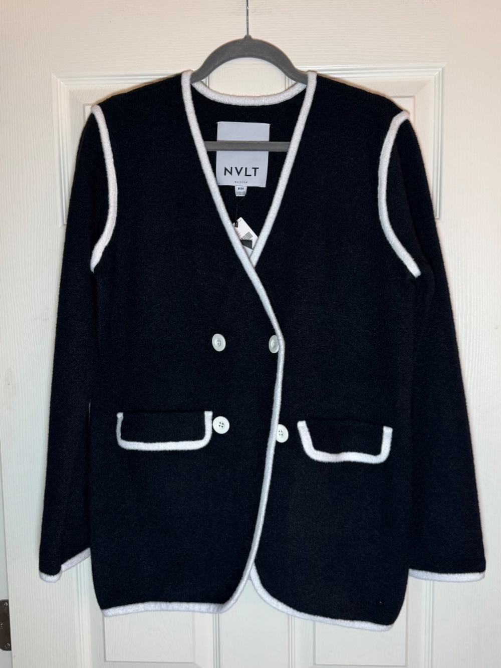 NVLT Anthropologie Black White Trim Knit Jacket M, NWT